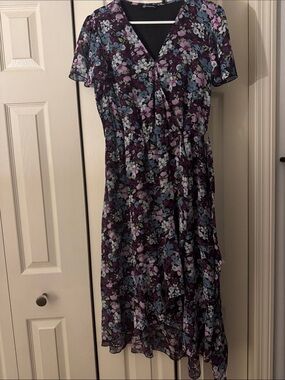 PrettyGarden Purple Floral V-Neck Midi Dress with Flutter Sleeves